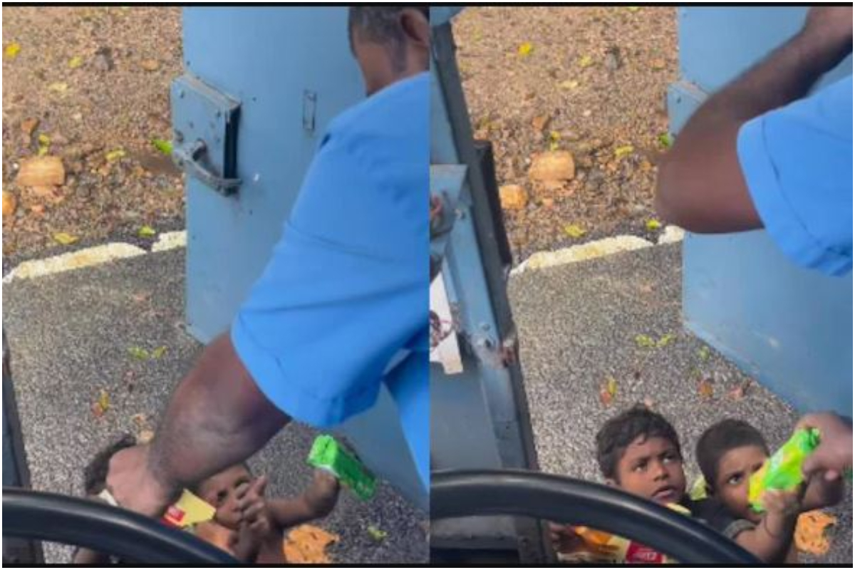 In a popular video from Kerala, a bus driver presents snacks to children on the streets 