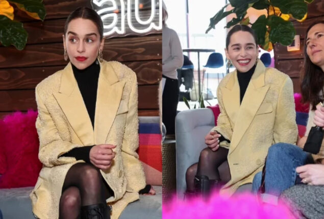 Emilia Clarke looks gorgeous in a cream-colored coordinated outfit