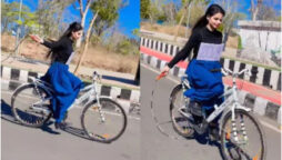 Video of a dangerous action features a woman cycling while “skipping”