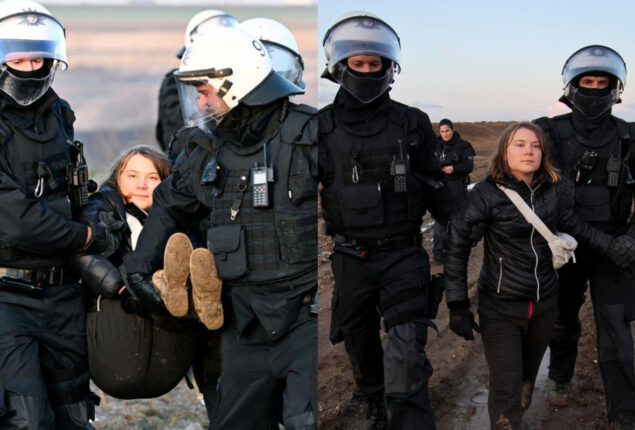 Greta Thunberg detained by police at a protest outside a western German village