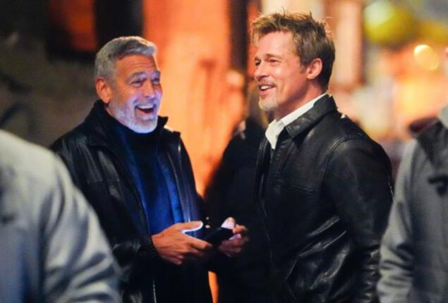 George Clooney and Brad Pitt laughing while filming the apple thriller “Wolves”