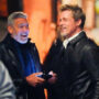 George Clooney and Brad Pitt laughing while filming the apple thriller “Wolves”