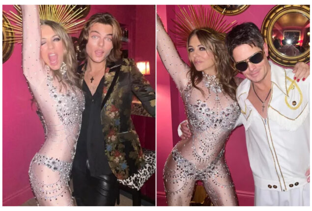 Elizabeth Hurley is dressed in a bejewelled, bare catsuit