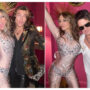 Elizabeth Hurley is dressed in a bejewelled, bare catsuit