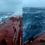 Huge ship is shaken violently by enormous sea waves like a toy
