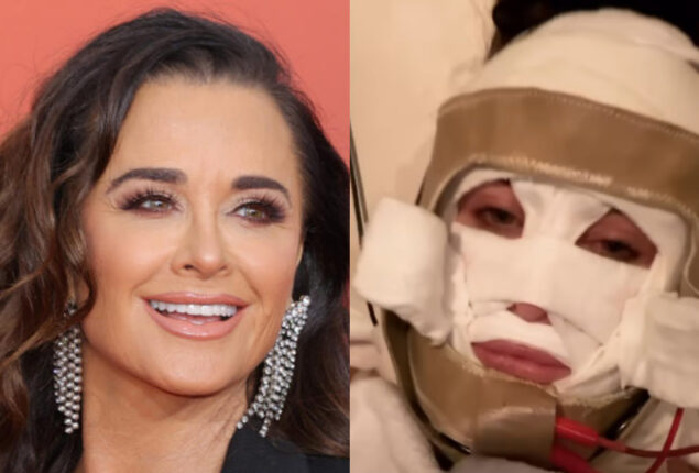 Kyle Richards wears full scary looking mask