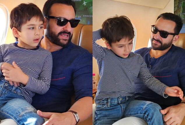 Saif Ali Khan seen with son Taimur Ali Khan sitting on his lap