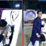 Groom surprises bride with a live portrait of her at their wedding