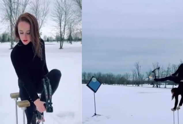 Women shoot balloon flaming arrow while doing handstand: Watch