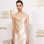Katherine Waterston exudes vintage style in a sheer golden maxi dress
