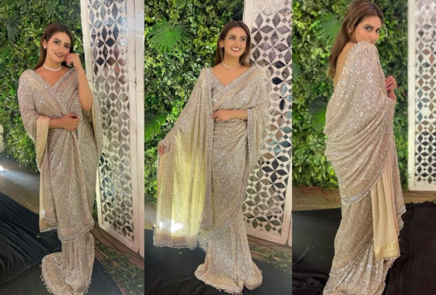 Hiba Qadir looks lavishing in a bright fetching silver Saree