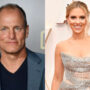 Woody Harrelson receives a commemorative jacket from Scarlett Johansson
