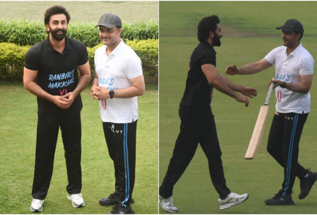 Ranbir Kapoor and Sourav Ganguly playing cricket together