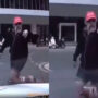 Pedestrian gets instant karma after getting mad at car driver without reason