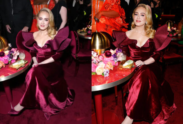 Adele sparkles in red ruffles at Grammys 2023 while not on red carpet