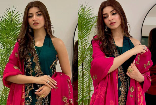 Kinza Hashmi looks gorgeous in Emerald Green Angrakha