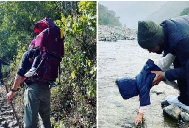 Virat lifts Vamika on his shoulders as they hike with Anushka