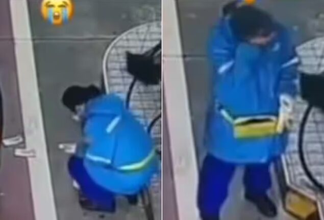 A gas station female worker breaks down after man throws money on ground 
