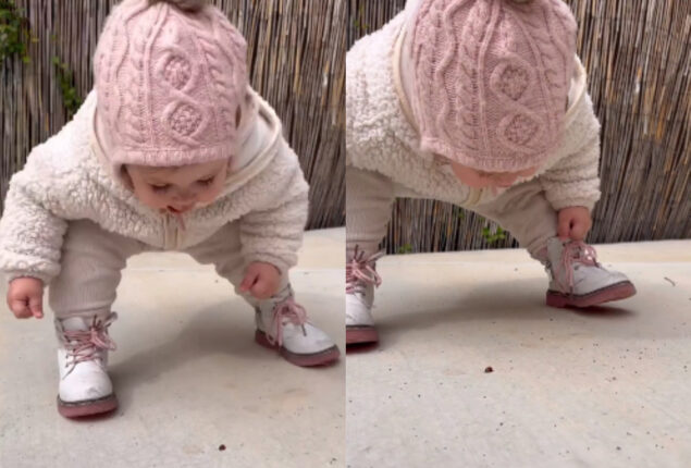 Child say hello to insect