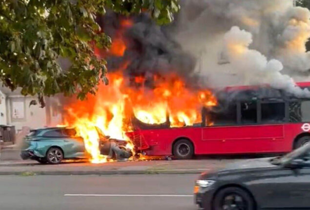Fire engulfs a bus close to base for Royal Marines