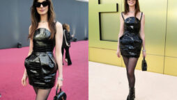 Anne Hathaway Looks Stunning In A Mini Leather Black Outfit