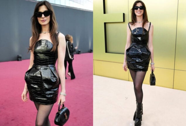 Anne Hathaway Looks Stunning In A Mini Leather Black Outfit