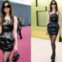 Anne Hathaway Looks Stunning In A Mini Leather Black Outfit