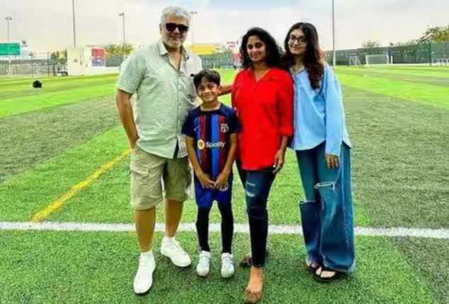 Ajith Kumar poses while on vacation with his wife and children