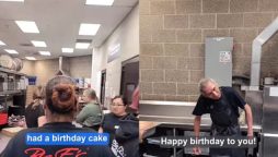 64-year-old worker’s emotional reaction to unexpected birthday cake surprise