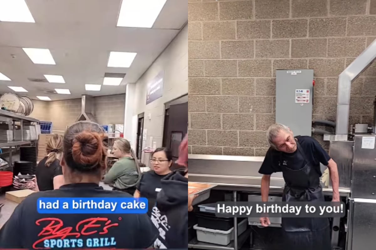 64-year-old worker's emotional reaction to unexpected birthday cake surprise