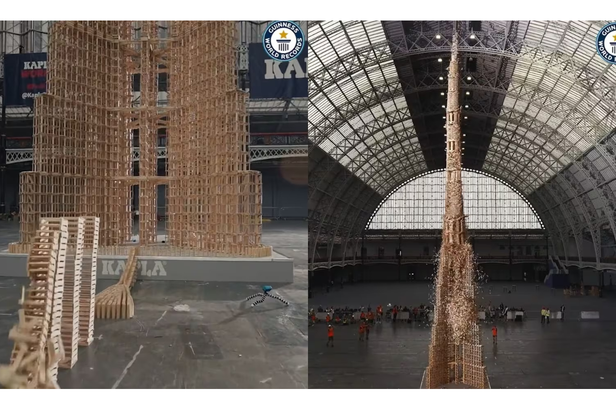 27.46-foot tower of wooden blocks collapses in domino effect
