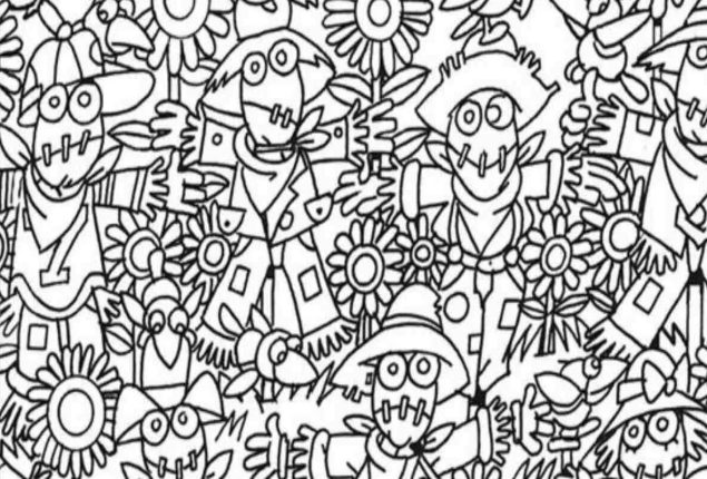Can you find the hidden birdhouse in this picture of scarecrows?