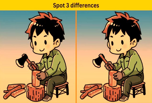Spot three differences between the two boy cutting wood pictures