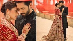 Ayeza Khan and Danish Taimoor Embrace Elegance in Red Bridal Attire