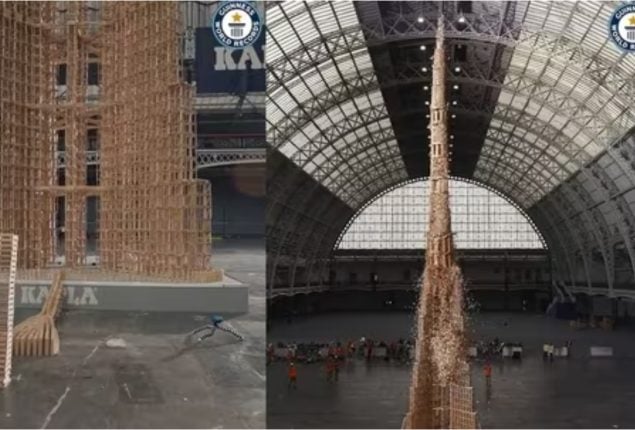 Giant Wooden Toy Block Tower Sets World Record with Satisfying Domino Topple