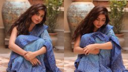 Sajal Aly astonishing pictures in a blue shimmery saree