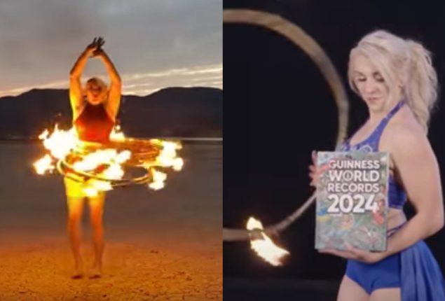 Circus Performer’s World Record: 8 Flaming Hula Hoops!