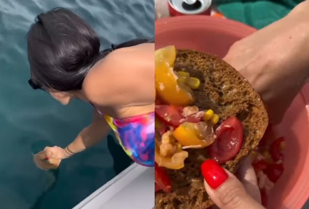 Viral Video: Woman eats bagel and cheese after dipping them in seawater