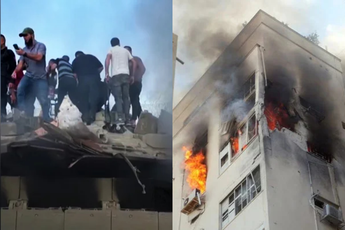 Palestinians Celebrate on Israeli Tank After Hamas Attack