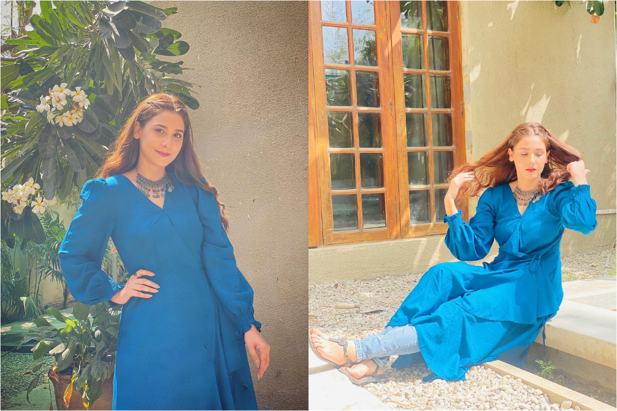 Hina Altaf look stunning in her casual blue dress pictures