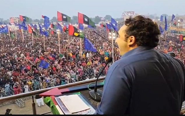 Pakistan Peoples Party (PPP) Chairman Bilawal Bhutto-Zardari addressing a public meeting in Shahdadpur on Wednesday.