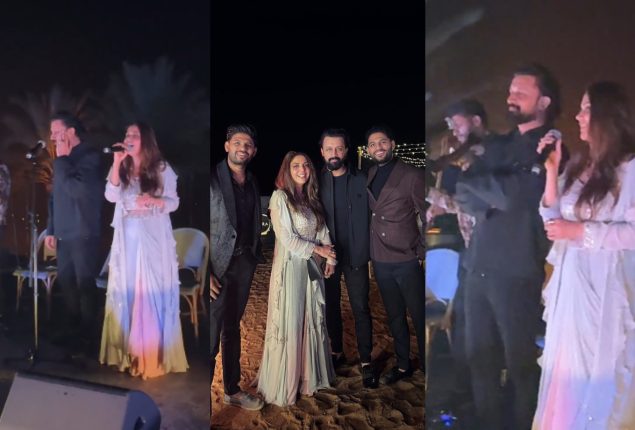 Hadiqa Kiani and Atif Aslam singing together on stage in Dubai at New Year