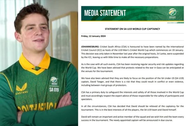 South Africa's U19 Cricket Captain Ousted Over Pro-Israel Remarks