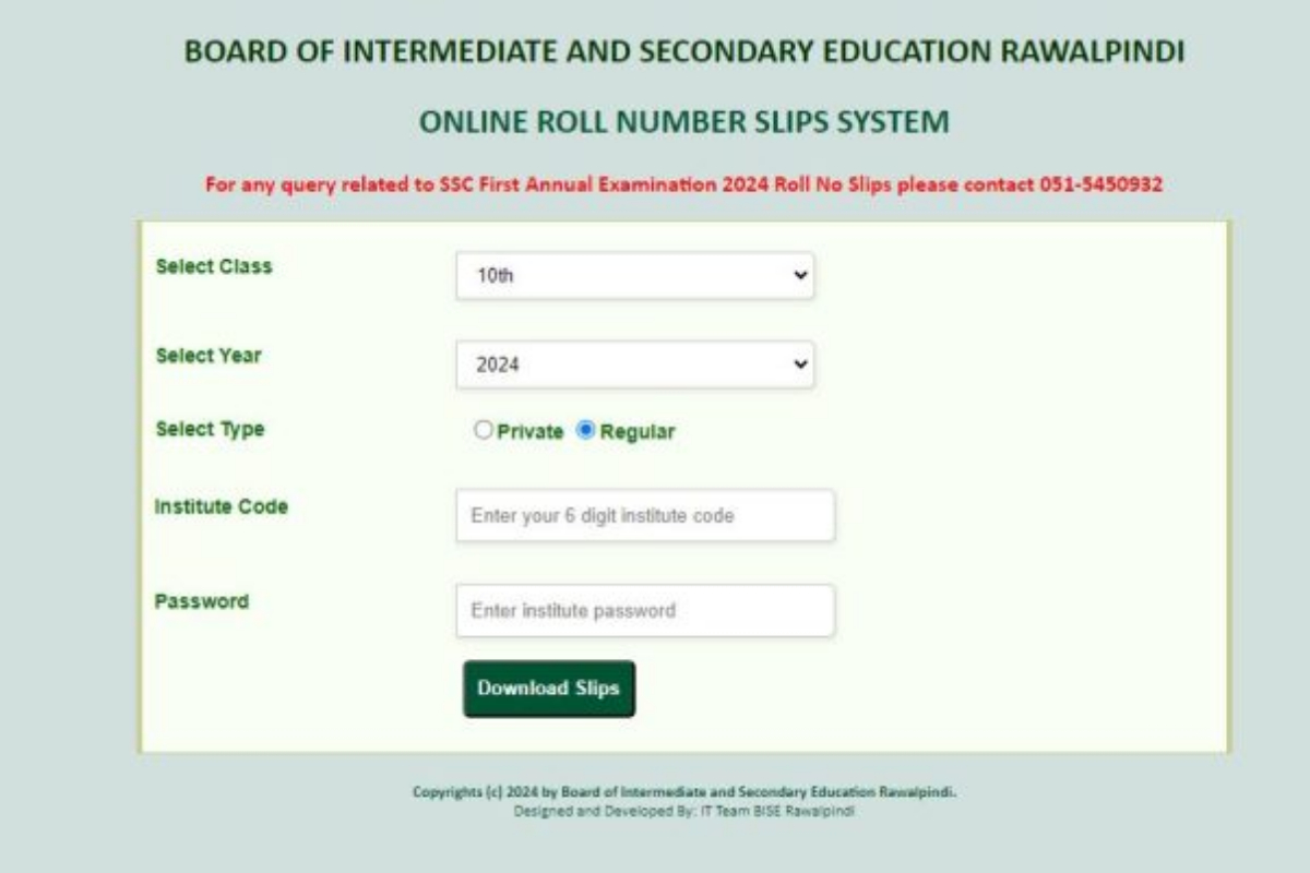 Download BISE Rawalpindi class 10 Roll Number Slip 2024 online