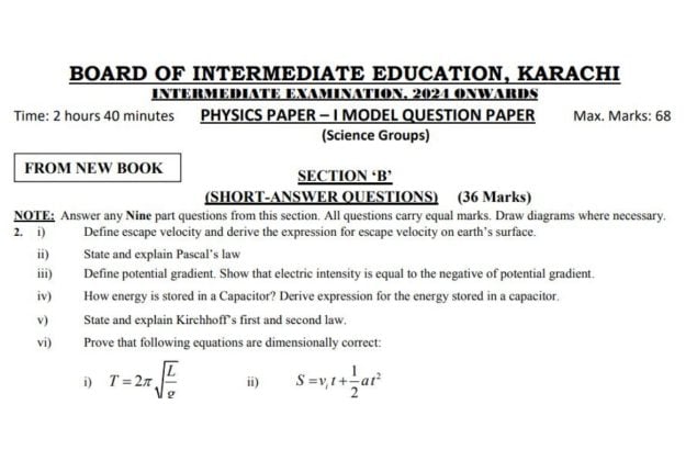 Karachi Board Intermediate Model Papers 2024 (BIEK Exam 2024)