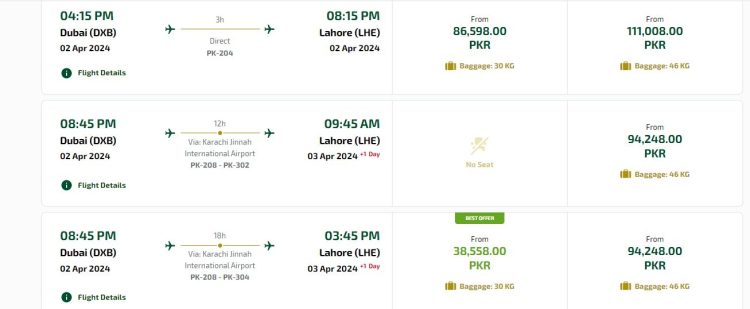Dubai to Lahore Flight Ticket Prices in April 2024.