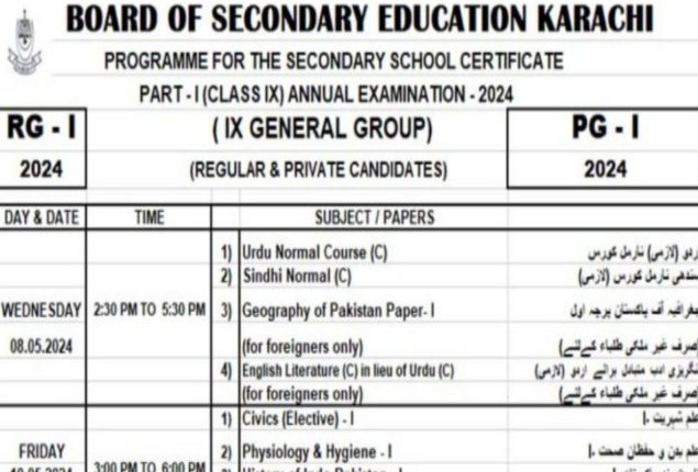 BSEK Karachi Board releases 9th Class Date Sheet for 2024