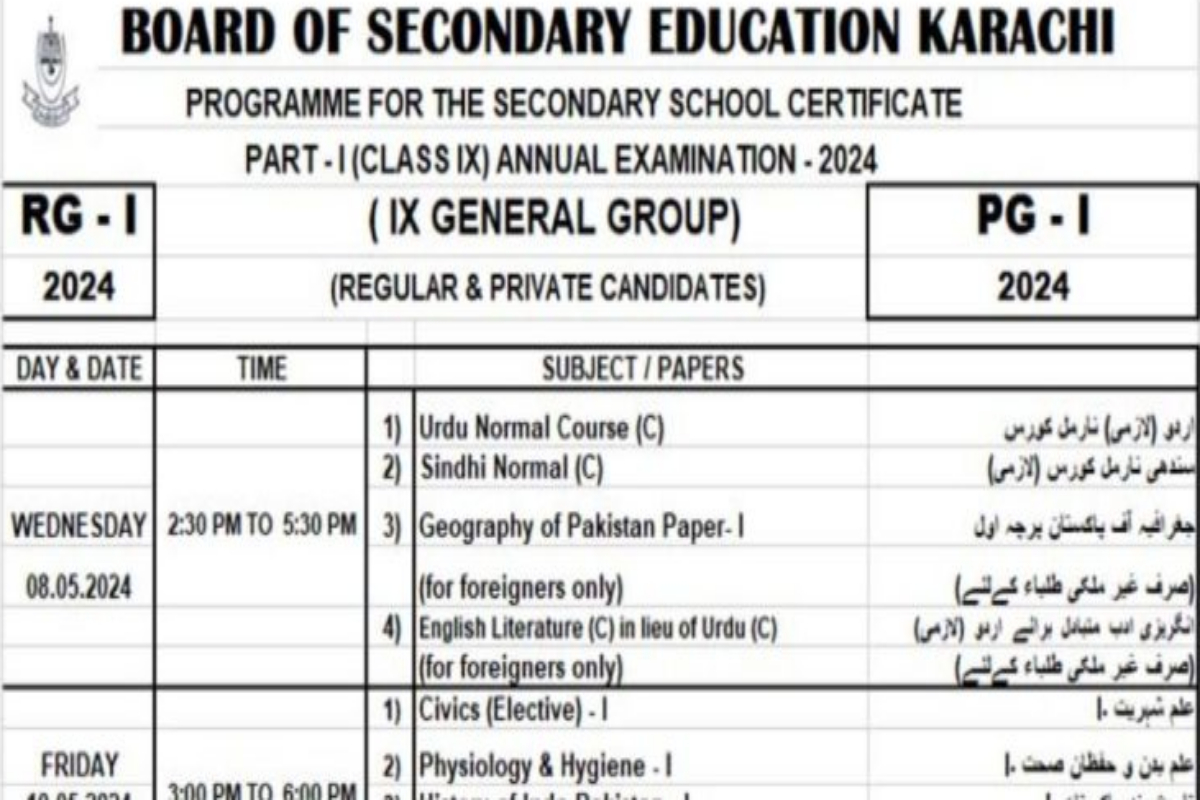 Class 9th Date Sheet 2024