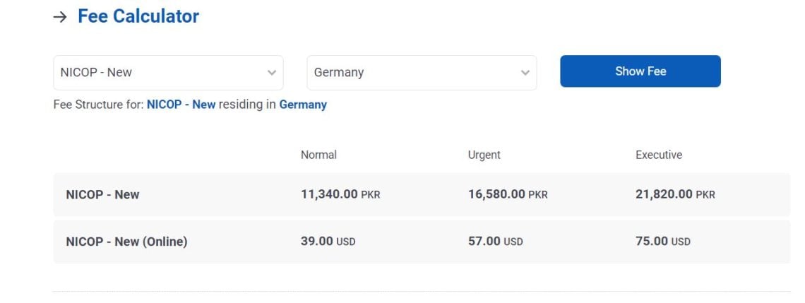 Nadra Latest NICOP Fee for Germany in Pakistan - June 2024