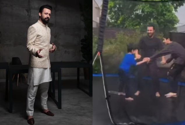 Atif Aslam and his kids enjoying raining in Lahore on the Trampoline